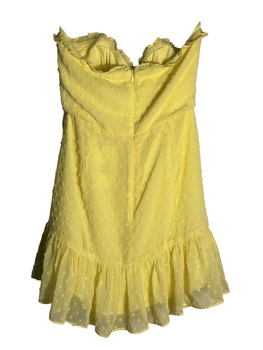 Hello Molly Face On Magazines Strapless Yellow Mini Dress Ruffle Hem Ruching - Picture 4 of 13